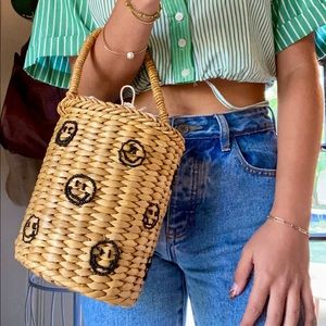 Woven Happy Face Bucket Bag